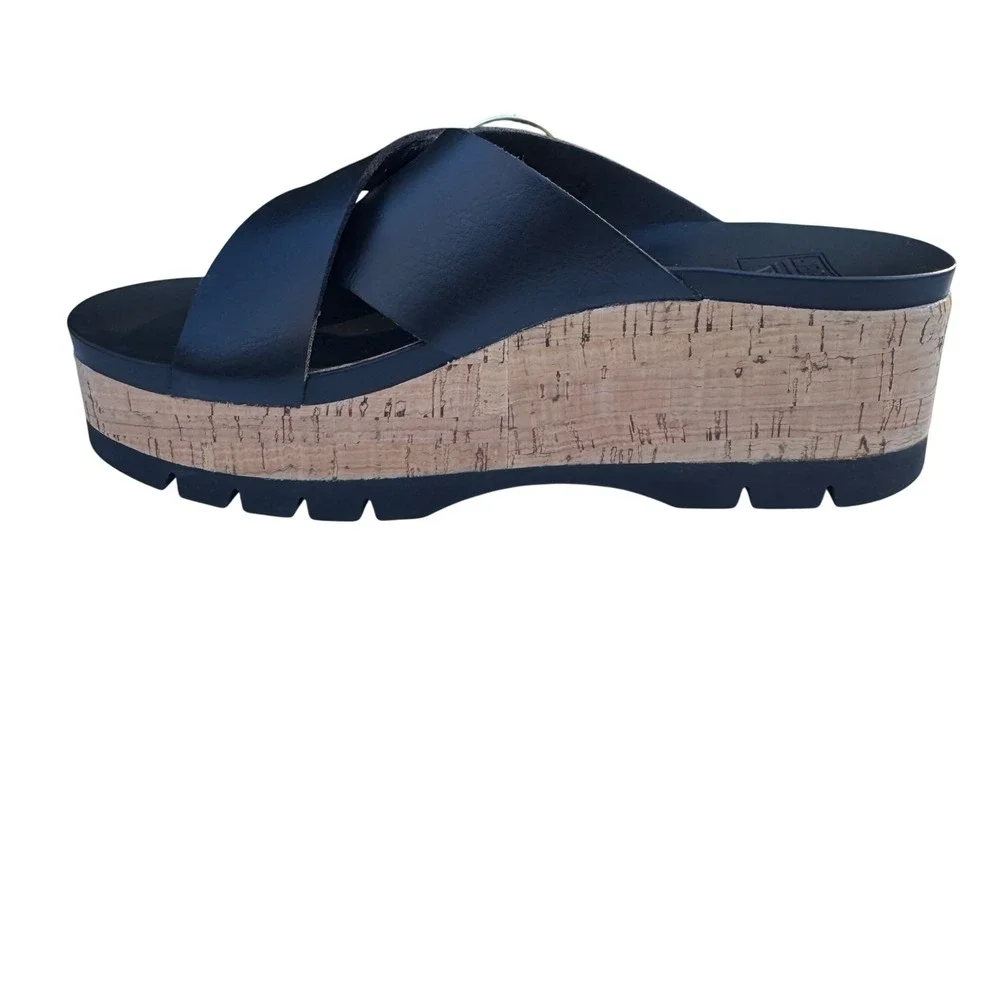 Reef Vista Higher Gia Women Size 6 Black NWOT Wedge Platform Cork Slide Sandals